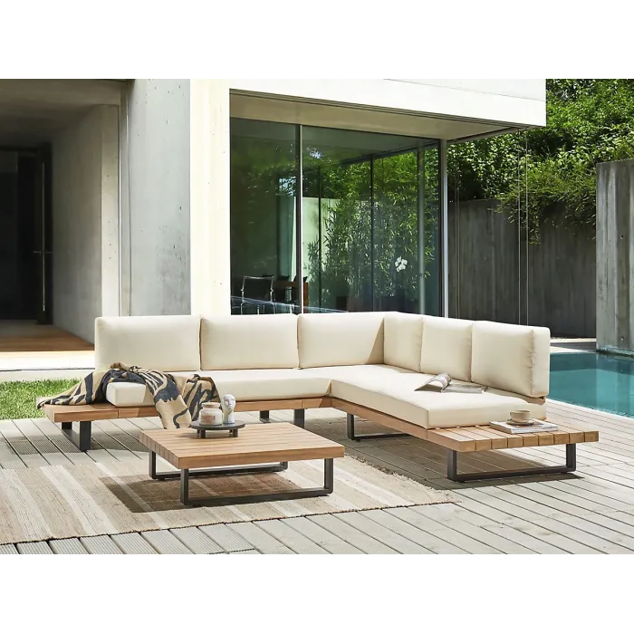 Garden Corner Sofa with Table 5 Seater MYKONOS Right Hand Certified Acacia Wood Off-White