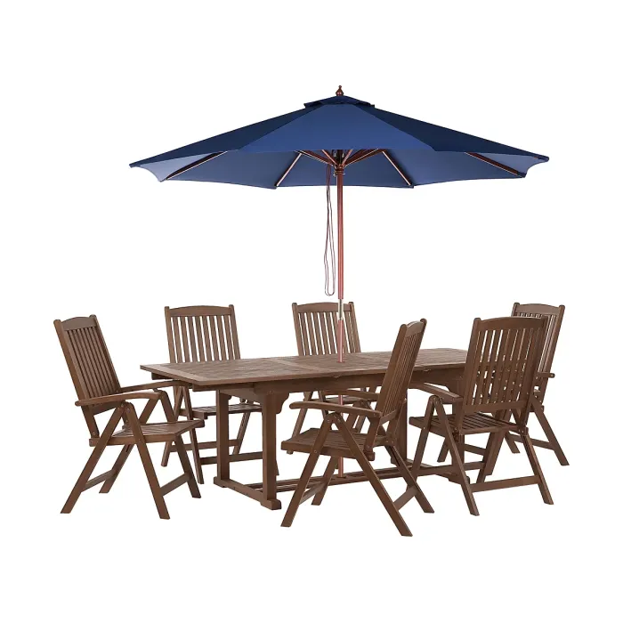 Garden Dining Set 6 Seater AMANTEA with Parasol Acacia Wood Blue