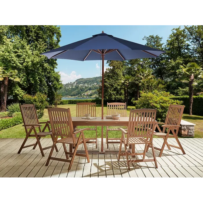 Garden Dining Set 6 Seater AMANTEA with Parasol Acacia Wood Blue