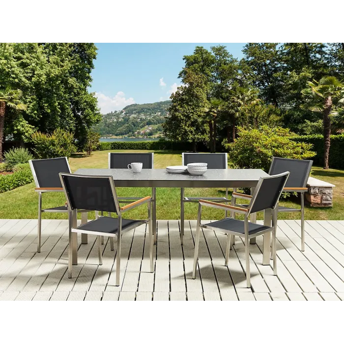 Garden Dining Set 6 Seater COSOLETO/GROSSETO Tempered Glass Granite Effect Black