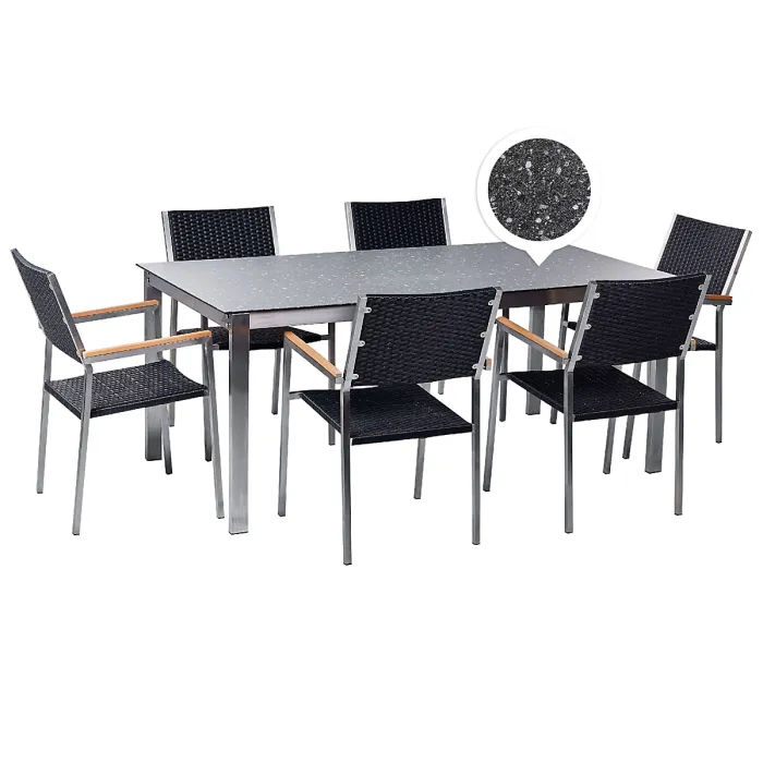 Garden Dining Set 6 Seater COSOLETO/GROSSETO Tempered Glass Granite Effect Black