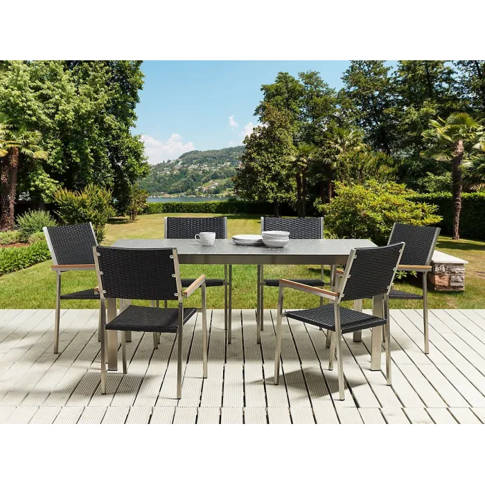 Garden Dining Set 6 Seater COSOLETO/GROSSETO Tempered Glass Granite Effect Black