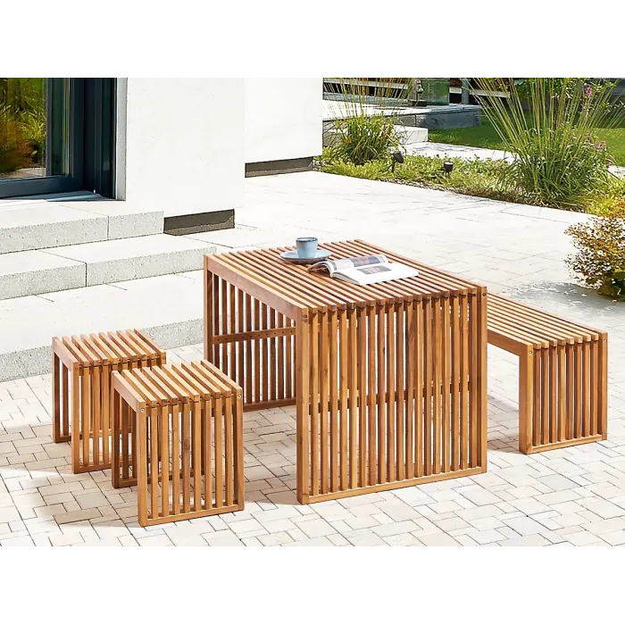 Garden Dining Set with Benches and Stools 4 Seater BELLANO Acacia Wood Brown
