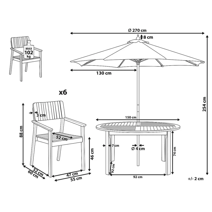 Garden Dining Set 6 Seater AGELLO with Parasol (12 Options) Acacia Wood Brown