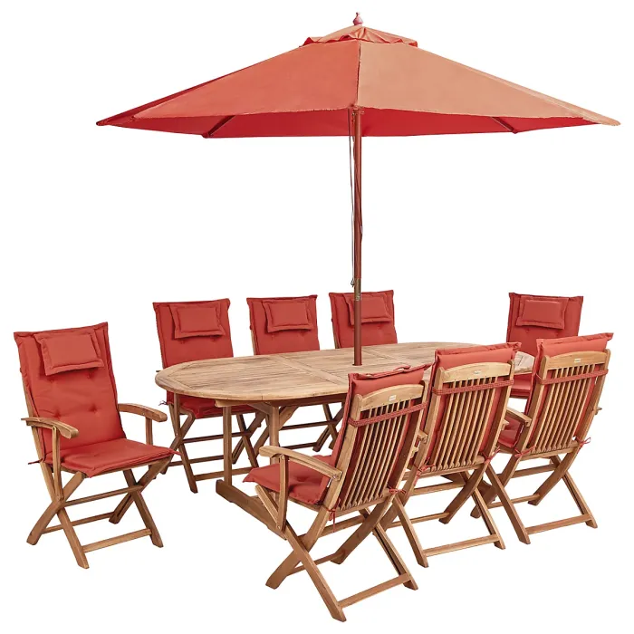 Garden Dining Set 8 Seater MAUI II with Parasol Acacia Wood Dark Red