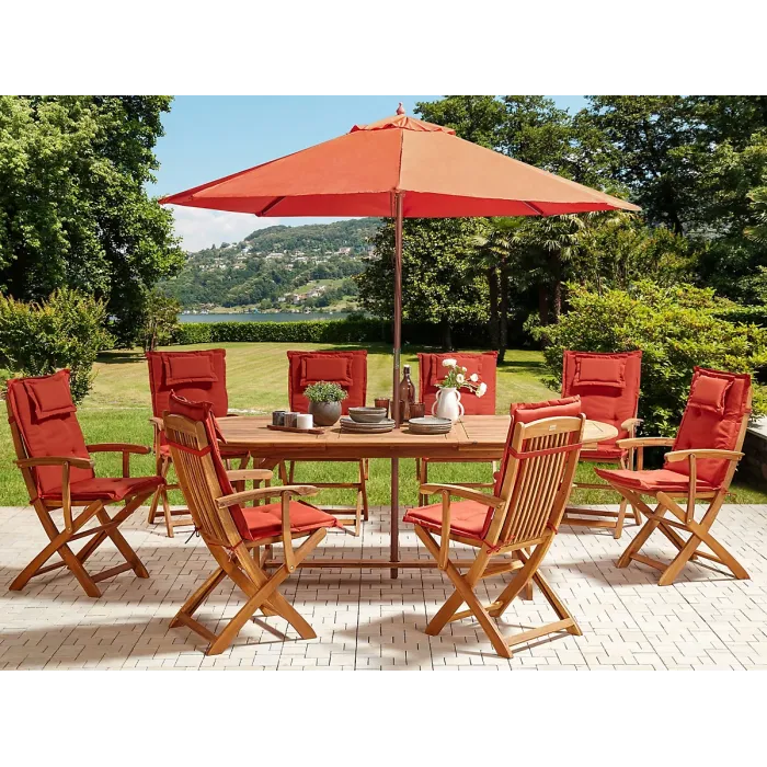 Garden Dining Set 8 Seater MAUI II with Parasol Acacia Wood Dark Red