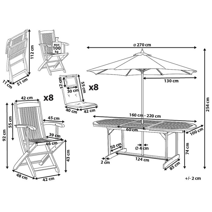 Garden Dining Set 8 Seater MAUI II with Parasol Acacia Wood Off-White
