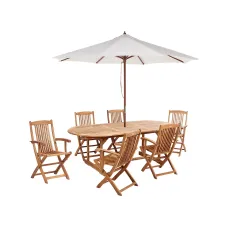 Garden Dining Set 6 Seater MAUI II with Parasol (12 Options) Acacia Wood Light Brown