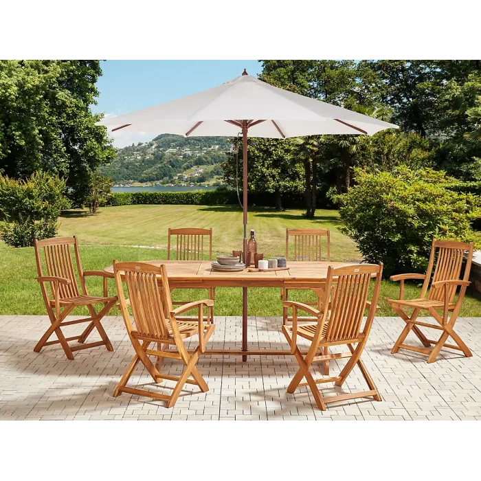 Garden Dining Set 6 Seater MAUI II with Parasol (12 Options) Acacia Wood Light Brown