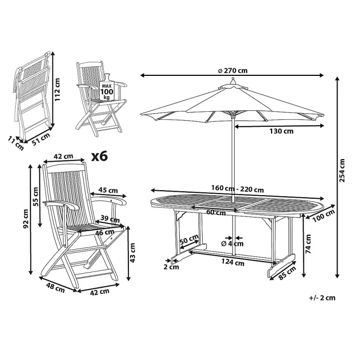 Garden Dining Set 6 Seater MAUI II with Parasol (12 Options) Acacia Wood Light Brown