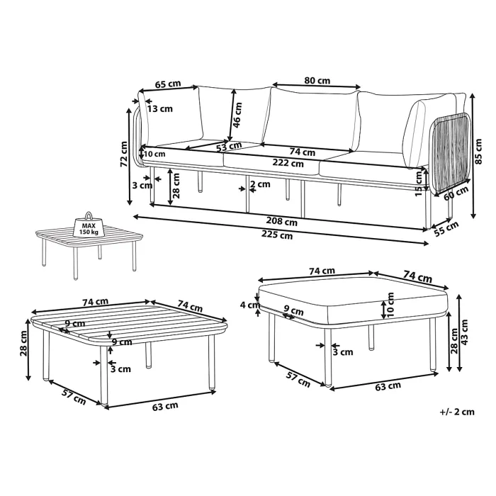 Garden Lounge Set with Table and Ottoman 3 Seater SENISE Metal Grey