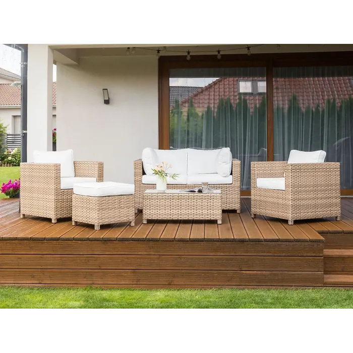Garden Lounge Set with Table and Ottoman 4 Seater MILANO PE Rattan Off-White