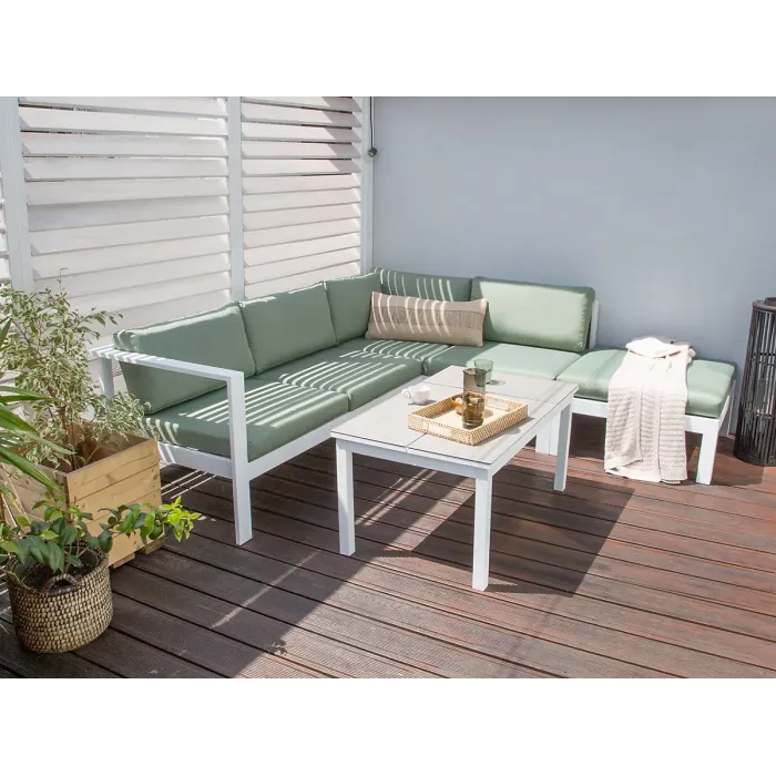 Garden Corner Sofa with Table 5 Seater MESSINA Left Hand Metal Green