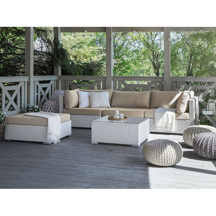 Garden Corner Sofa with Table 4 Seater SANO Right Hand Modular PE Rattan White
