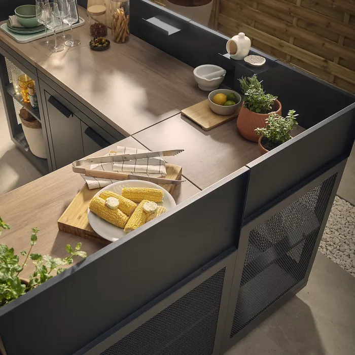 Cucino Mesh Grey Open Steel Wood effect Outdoor kitchen cabinet unit