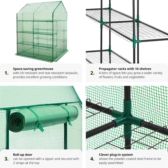 Greenhouse - 16 shelf levels, tarpaulin cover, 143 x 143 x 195 cm - 143 x 143 x 195 cm