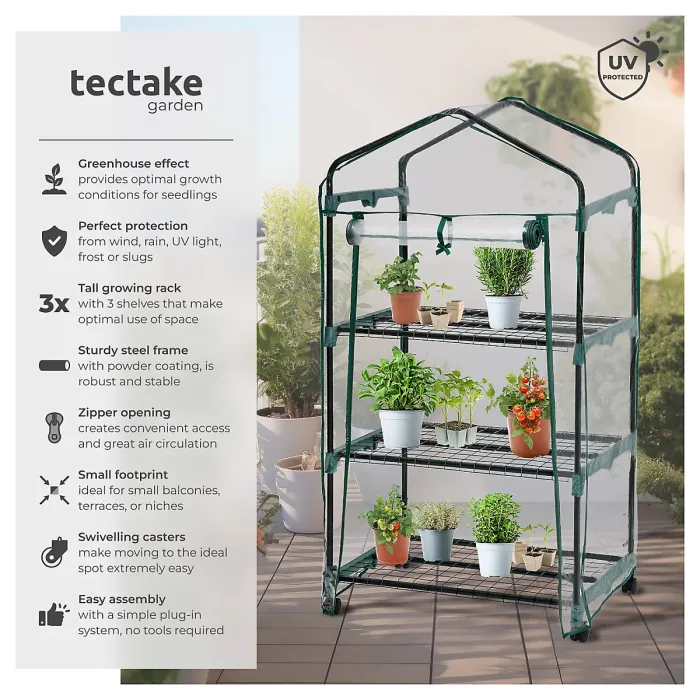 Greenhouse - with wheels, 3 shelves, tarpaulin cover, 69 x 49 x 133 cm - 69 x 49 x 133 cm