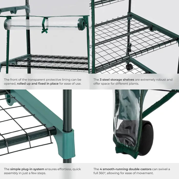Greenhouse - with wheels, 3 shelves, tarpaulin cover, 69 x 49 x 133 cm - 69 x 49 x 133 cm