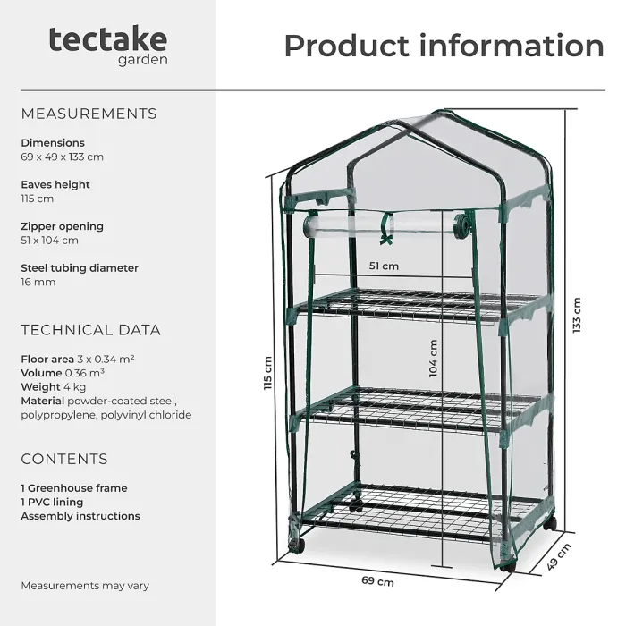 Greenhouse - with wheels, 3 shelves, tarpaulin cover, 69 x 49 x 133 cm - 69 x 49 x 133 cm