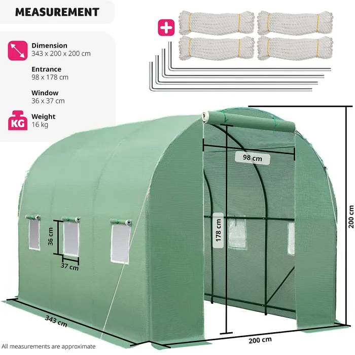 Greenhouse - polytunnel with 6 windows, 343 x 200 x 200 cm - 343 x 200 x 200 cm
