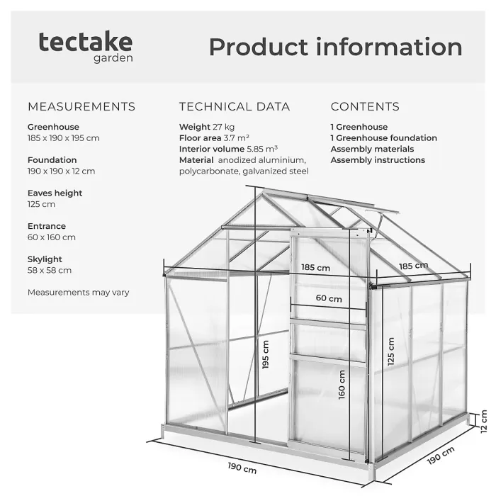 Aluminium greenhouse with foundation, UV-resistant - 190 x 185 x 195 cm