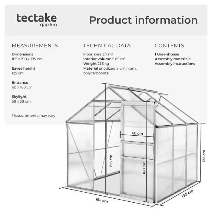 Aluminium greenhouse, UV-resistant, 185x190x195cm - 190 x 185 x 195 cm