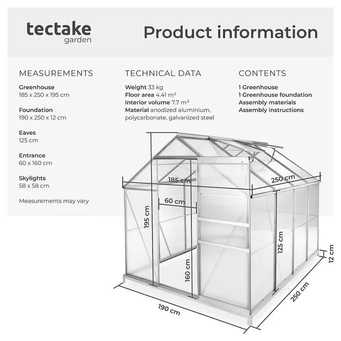 Aluminium greenhouse with foundation, 185x250x195cm - 250 x 185 x 195 cm