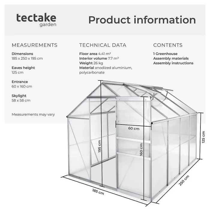 Aluminium greenhouse, UV-resistant, 185x250x195cm - 250 x 185 x 195 cm