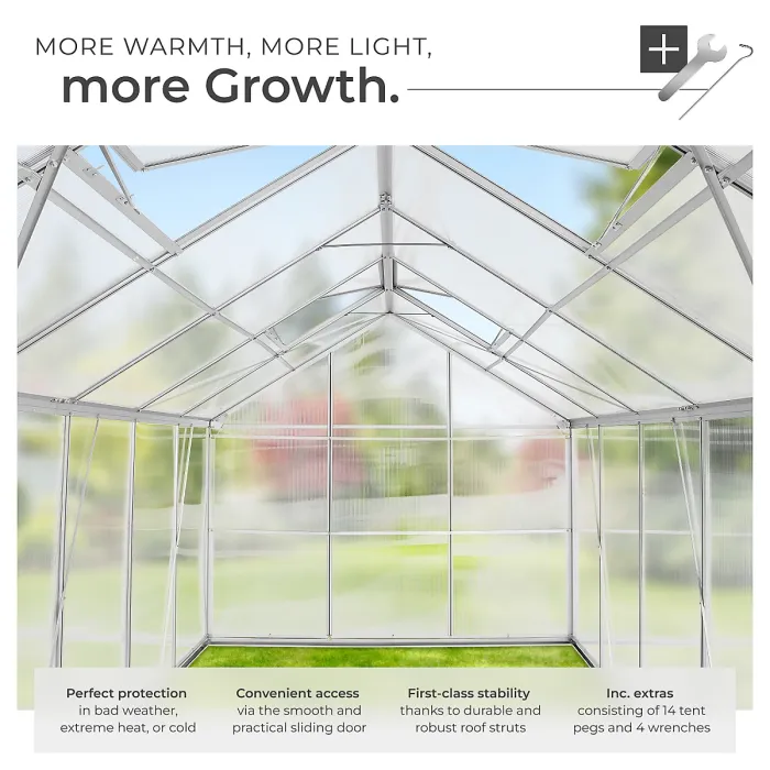 Greenhouse with foundation - anodised aluminium, 185 x 375 x 195cm - 375 x 185 x 195 cm