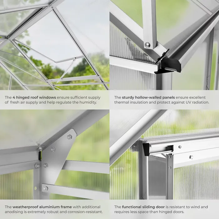 Greenhouse with foundation - anodised aluminium, 185 x 375 x 195cm - 375 x 185 x 195 cm