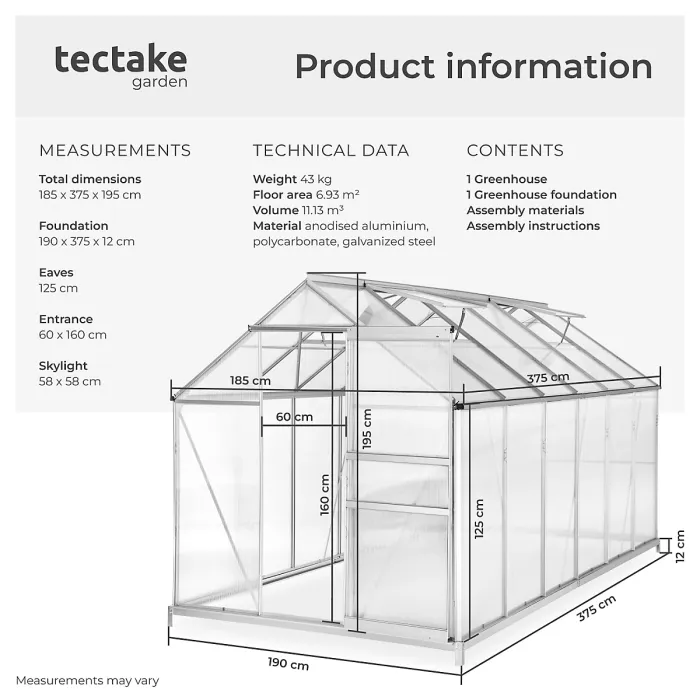 Greenhouse with foundation - anodised aluminium, 185 x 375 x 195cm - 375 x 185 x 195 cm