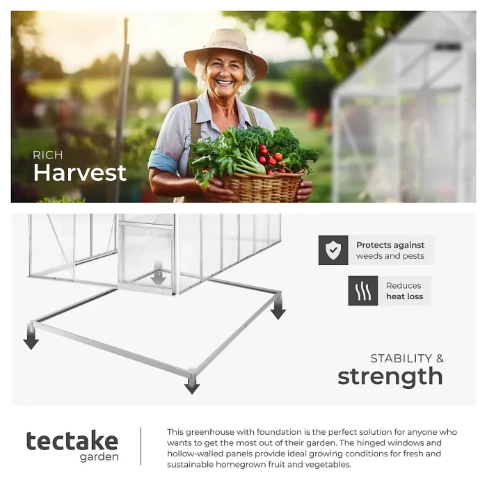 Greenhouse with foundation - anodised aluminium, 185 x 375 x 195cm - 375 x 185 x 195 cm