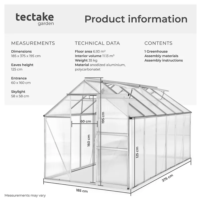 Aluminium greenhouse, UV-resistant, 185x375x195cm - 375 x 185 x 195 cm