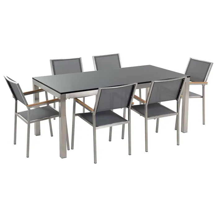 Garden Dining Set 6 Seater GROSSETO Granite Polished Grey/ Black