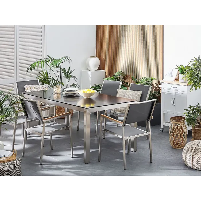 Garden Dining Set 6 Seater GROSSETO Granite Polished Grey/ Black
