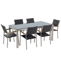 Garden Dining Set 6 Seater GROSSETO Tempered Glass Black