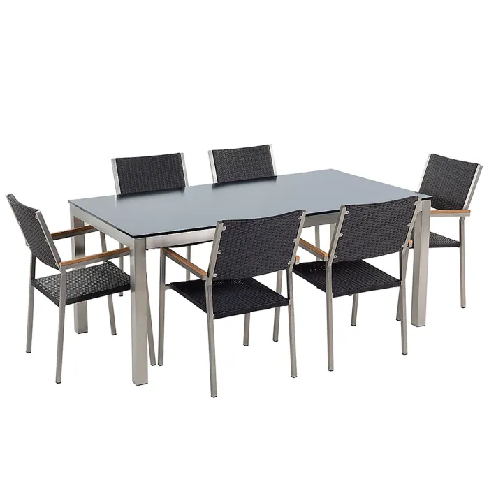 Garden Dining Set 6 Seater GROSSETO Tempered Glass Black