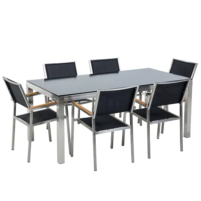 Garden Dining Set 6 Seater GROSSETO Tempered Glass Black