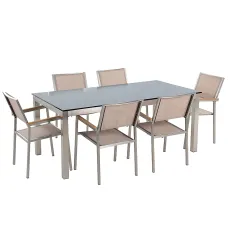 Garden Dining Set 6 Seater GROSSETO Tempered Glass Black/ Beige