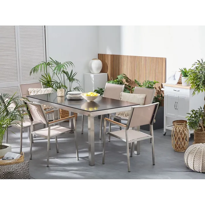 Garden Dining Set 6 Seater GROSSETO Tempered Glass Black/ Beige