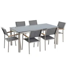Garden Dining Set 6 Seater GROSSETO Tempered Glass Grey/ Black