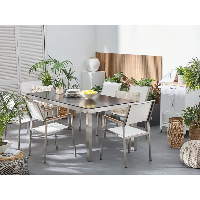 Garden Dining Set 6 Seater GROSSETO Tempered Glass Black/ White