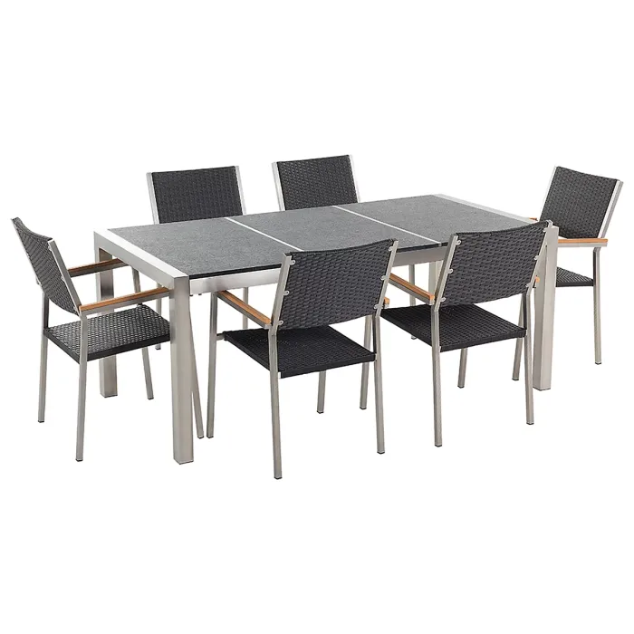 Garden Dining Set 6 Seater GROSSETO Triple Plate Basalt Flamed Black