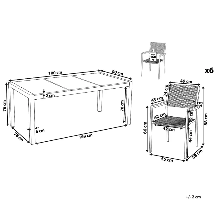 Garden Dining Set 6 Seater GROSSETO Triple Plate Basalt Flamed Black