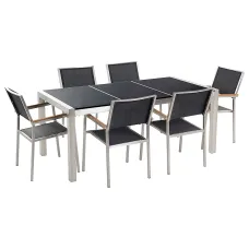 Garden Dining Set 6 Seater GROSSETO Triple Plate Granite Polished Black