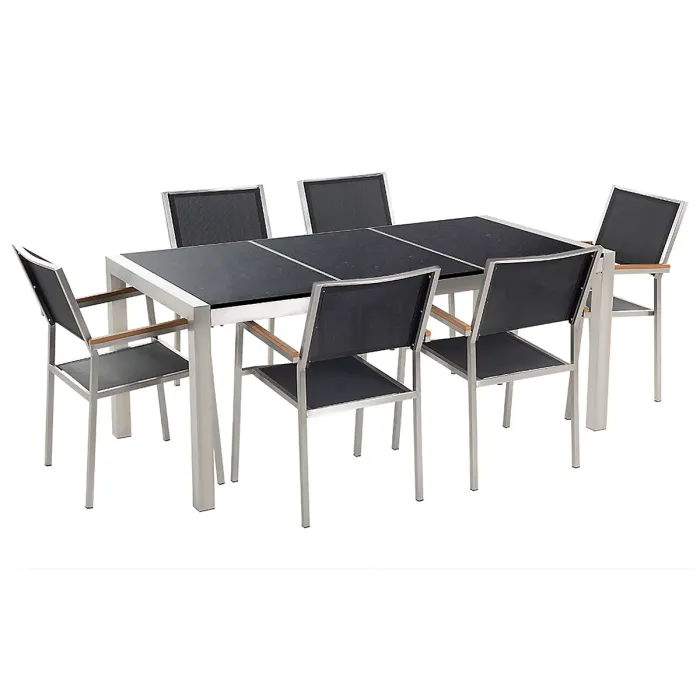 Garden Dining Set 6 Seater GROSSETO Triple Plate Granite Polished Black