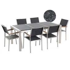 Garden Dining Set 6 Seater GROSSETO Triple Plate Granite Flamed Black