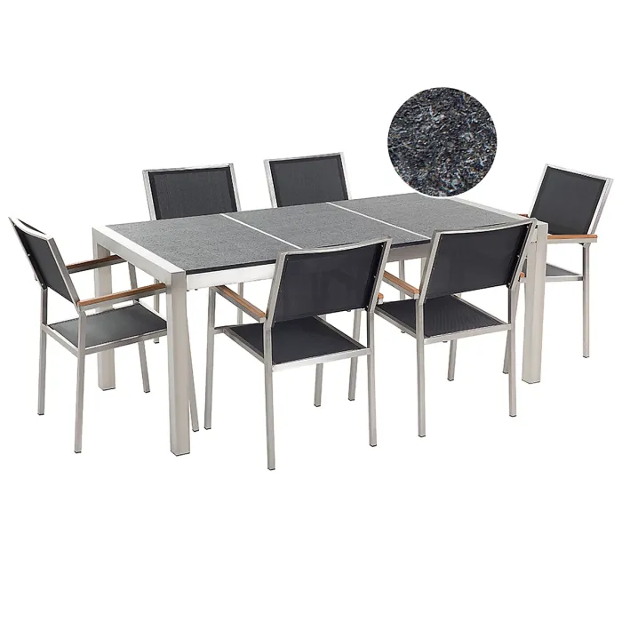 Garden Dining Set 6 Seater GROSSETO Triple Plate Granite Flamed Black