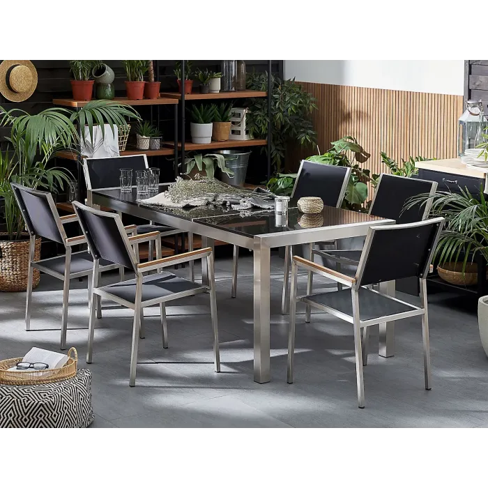 Garden Dining Set 6 Seater GROSSETO Triple Plate Granite Flamed Black
