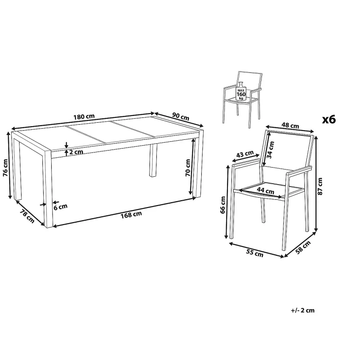 Garden Dining Set 6 Seater GROSSETO Triple Plate Granite Flamed Black